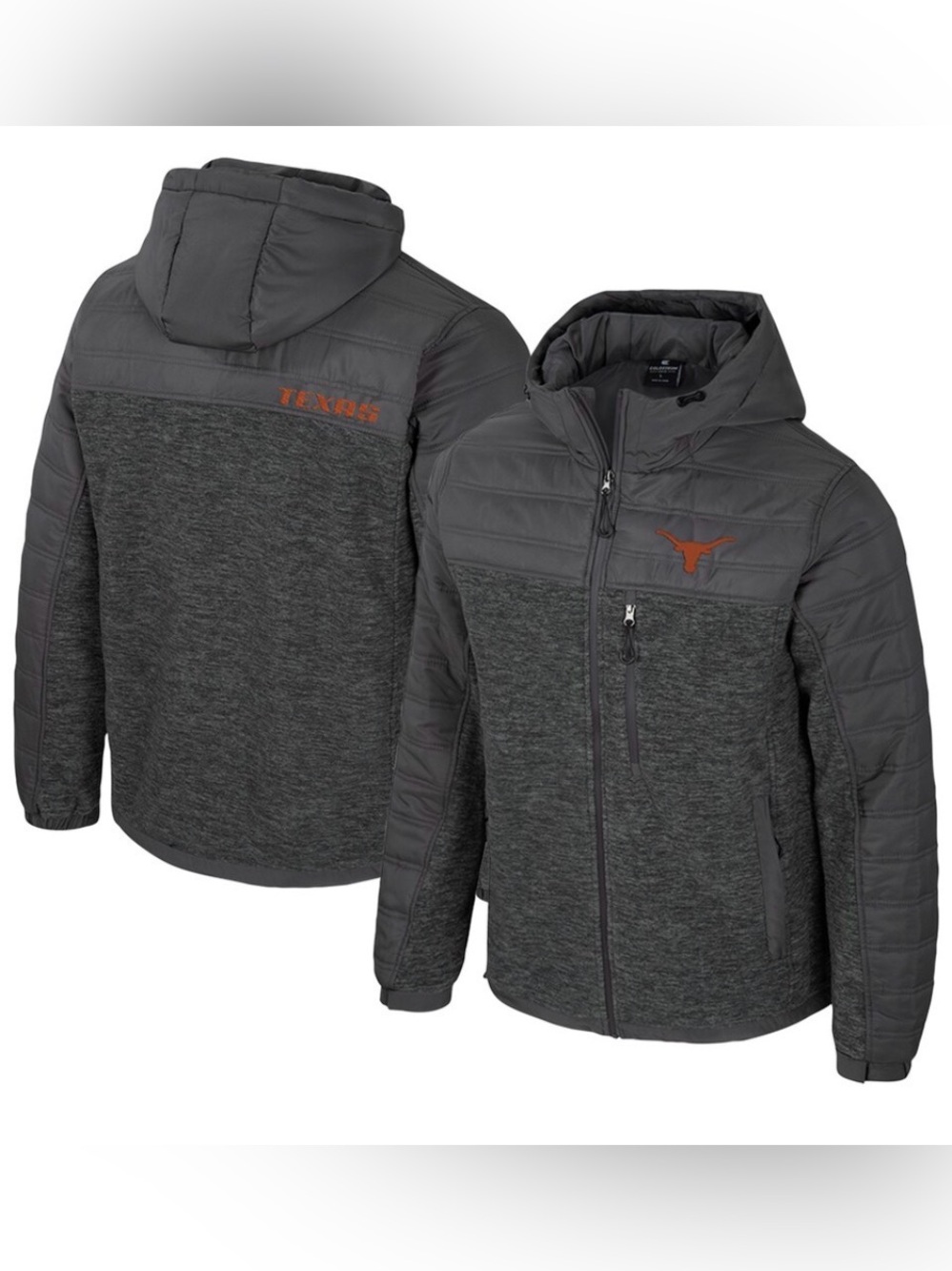 NWT  Men's L Colosseum Charcoal Texas‎ Longhorns Full-Zip Hoodie Puffer Jacket